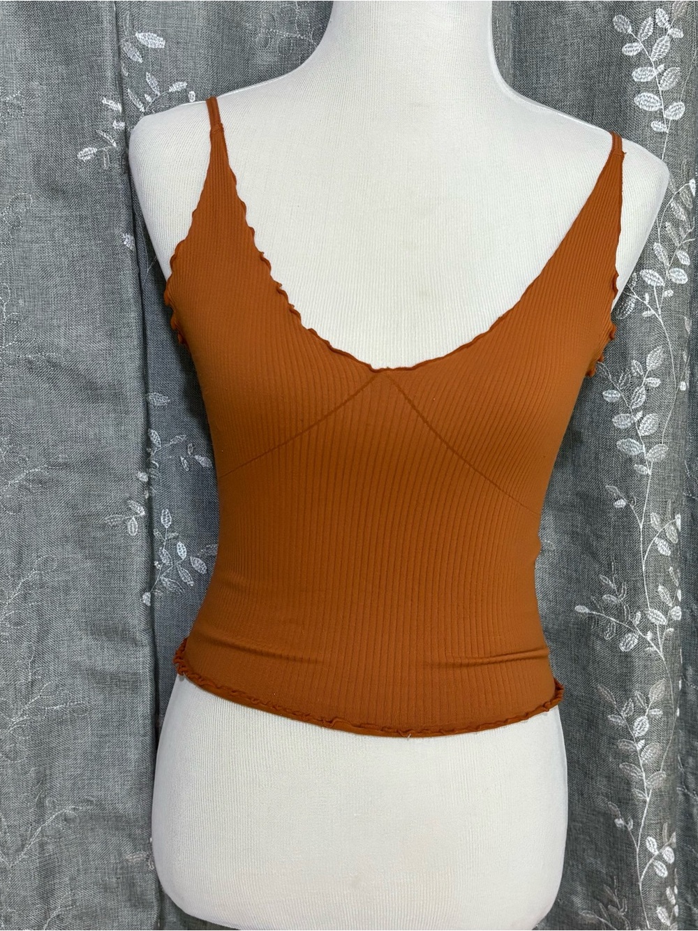 Free People Rust Ribbed V-Neck Lettuce-Edge Crop Tank
